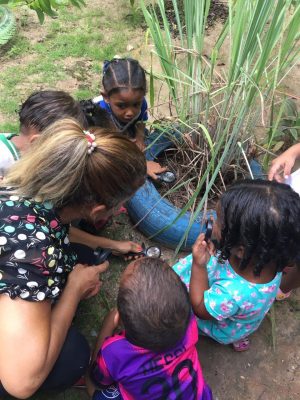 Professora Marlene Ramos com crianças da creche Francisco Mello durante plantação de ervas. Foto: Cortesia