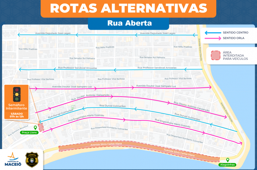 Confira as rotas alternativas com a interdição da Rua Aberta. Arte: Ascom SMTT