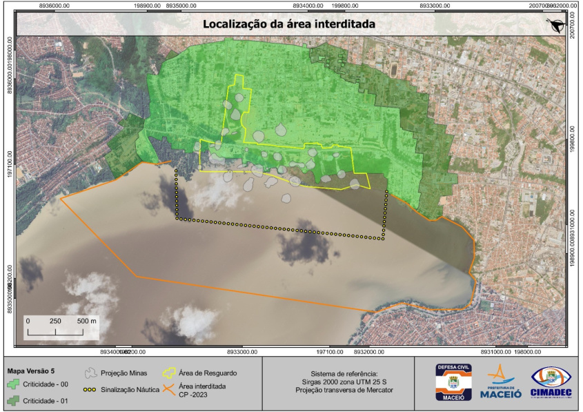 No mapa anterior, área delimitada era mais extensa, por segurança. Imagem: Centro Integrado de Montagem e Alerta da Defesa Civil de Maceió (CIMADEC)