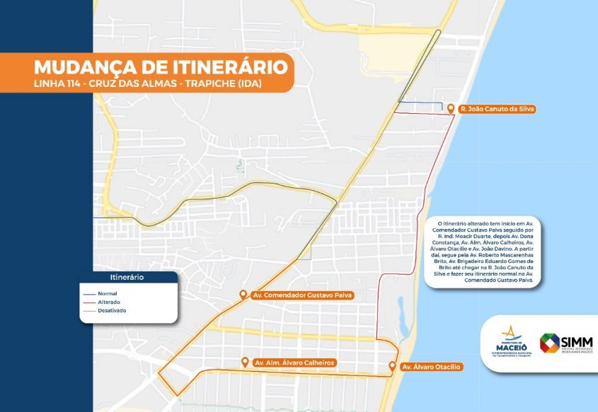 Mapa da mudança da linha 114  - Terminal Cruz das Almas/Trapiche