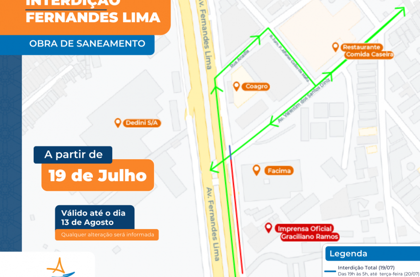Gruta de Lourdes: Trecho da Avenida Fernandes Lima será interditado para obras