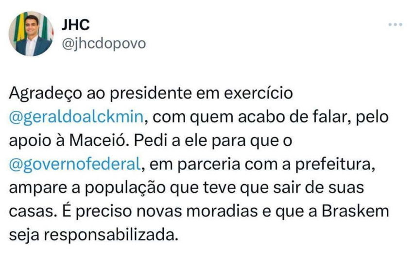 Prefeito JHC liga para Geraldo Alckmin e pede apoio da União para amparo de moradores